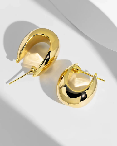 Fine 18k Pure Gold U-Shaped Huggie Hoop Stud Earrings Big Hollow Oval Design with Certificate Authentic Jewelry - Evergleam Jewelry
