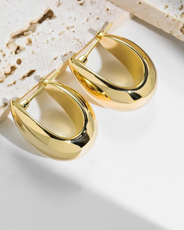 Fine 18k Pure Gold U-Shaped Huggie Hoop Stud Earrings Big Hollow Oval Design with Certificate Authentic Jewelry - Evergleam Jewelry