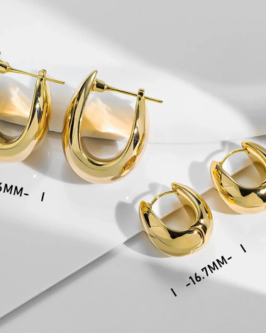Fine 18k Pure Gold U-Shaped Huggie Hoop Stud Earrings Big Hollow Oval Design with Certificate Authentic Jewelry - Evergleam Jewelry