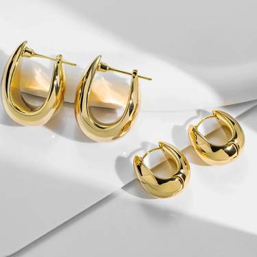 Fine 18k Pure Gold U-Shaped Huggie Hoop Stud Earrings Big Hollow Oval Design with Certificate Authentic Jewelry - Evergleam Jewelry