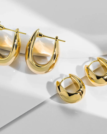 Fine 18k Pure Gold U-Shaped Huggie Hoop Stud Earrings Big Hollow Oval Design with Certificate Authentic Jewelry - Evergleam Jewelry