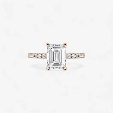 #18K Rose Gold-Emerald Cut Engagement Ring with Hidden Halo Side Accent Evergleam