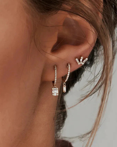 VLOVE Popular Jewelry Luxury Earrings 14k Diamond Huggie Earrings with Dangling Illusion Set Baguette Diamonds - Evergleam Jewelry