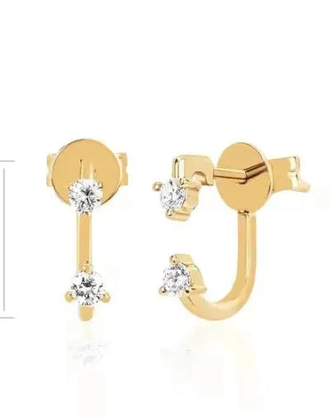 LOZRUNVE 18k Gold Double Stone CZ Hook Stud Earring 925 Sterling Silver - Evergleam Jewelry