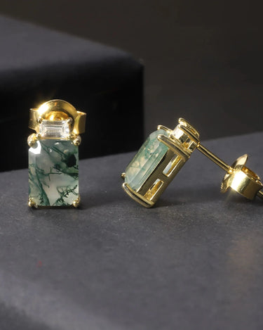 F610 Abiding Fine Jewelry 14K Gold Plated 925 Sterling Silver Stud Emerald Cut Natural Moss Agate Earrings for Sale - Evergleam Jewelry