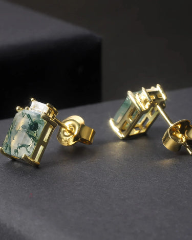 F610 Abiding Fine Jewelry 14K Gold Plated 925 Sterling Silver Stud Emerald Cut Natural Moss Agate Earrings for Sale - Evergleam Jewelry