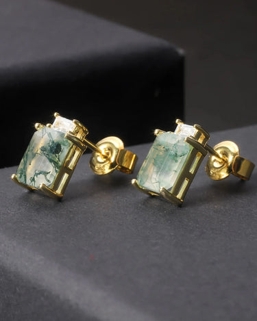 F610 Abiding Fine Jewelry 14K Gold Plated 925 Sterling Silver Stud Emerald Cut Natural Moss Agate Earrings for Sale - Evergleam Jewelry