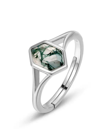Minimalist Jewelry Natural Stone 925 Sterling Silver Open Ring Adjustable Simple Hexagon Aquatic Moss Agate Promise Ring - Evergleam Jewelry